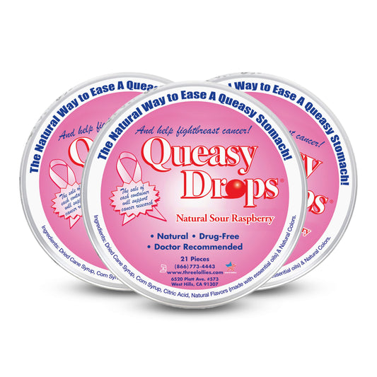 Three Lollies Queasy Drops packaging for travel relief from motion sickness.