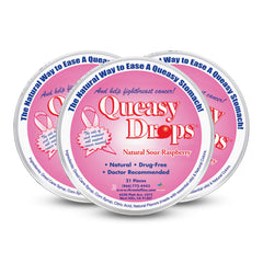 Three Lollies Queasy Drops packaging for travel relief from motion sickness.