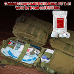 Threlaco emergency wound dressing setup shows compact, versatile trauma supplies.
