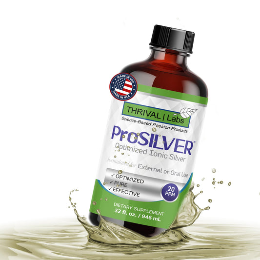 Thrival Labs ionic colloidal silver 20ppm in amber bottle, easy pour for daily use.