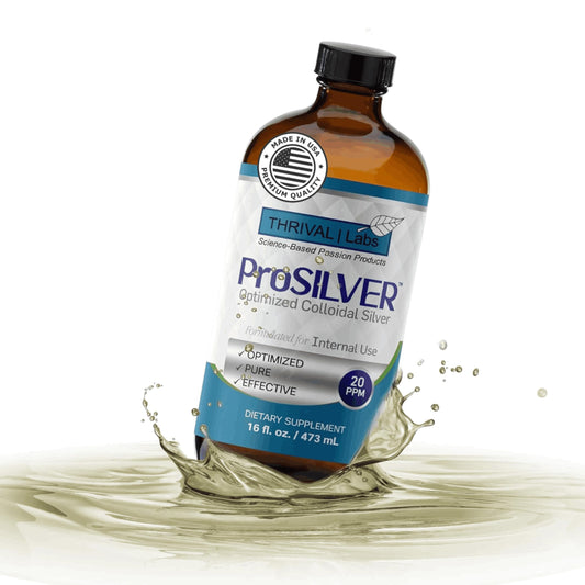 Thrival Labs ProSILVER blue label bottle shows nano-sized colloidal silver with potential immune support