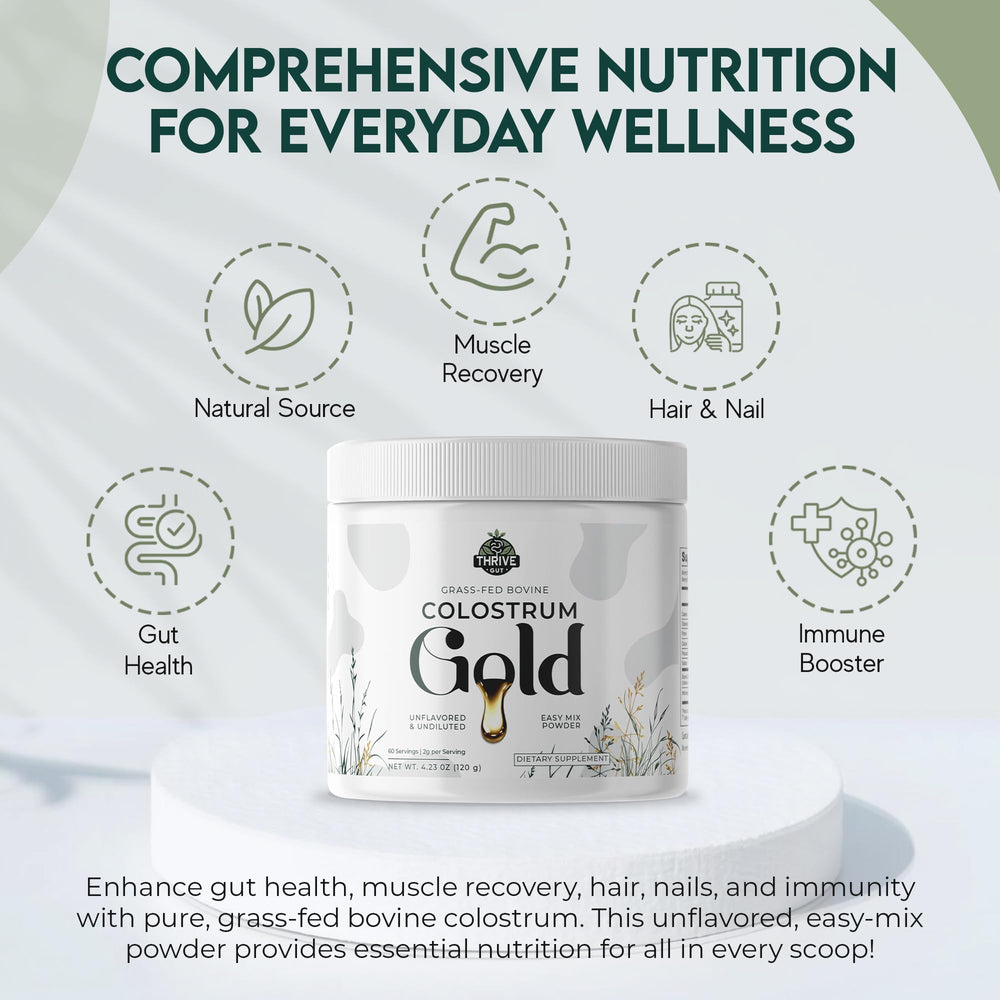 ThriveGut Colostrum Gold dispensing cap close-up suggests smooth mixing into drinks