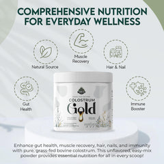 ThriveGut Colostrum Gold dispensing cap close-up suggests smooth mixing into drinks