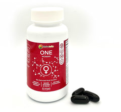 Thrivetality Nutriscience ONE Woman bottle closeup with easy-to-swallow capsules.