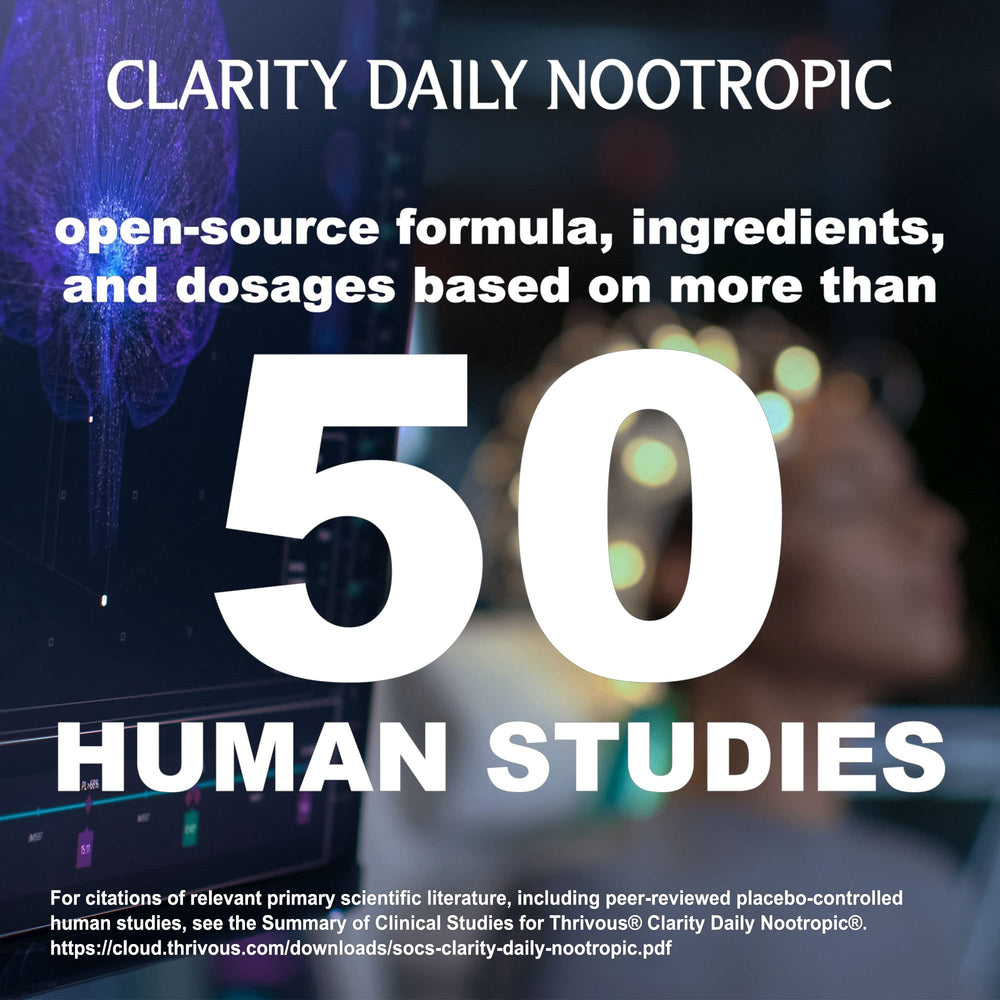 Thrivous Clarity label close-up highlighting Synapsa Bacopa for mood and focus.