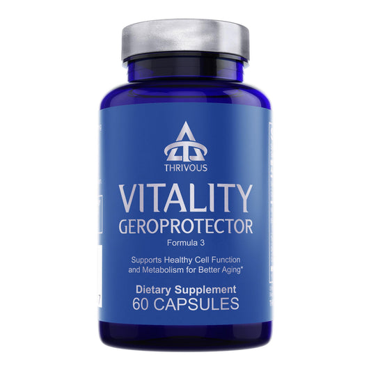 Thrivous Vitality Geroprotector bottle close-up with vegan capsules and label.