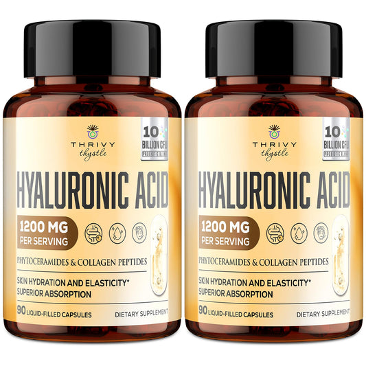 ThrivyThystle bottle of 19-in-1 capsules showing multi-benefit formula.