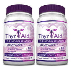 ThryAid thyroid support bottle packaging showing a vegan formula for steady energy