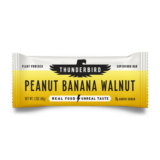 Thunderbird Bars peanut banana walnut packshot shows an energizing, grab-and-go snack