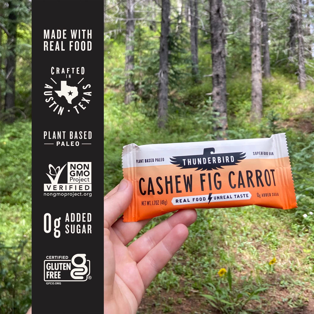 Thunderbird cashew fig carrot bar in foil wrap on shelf
