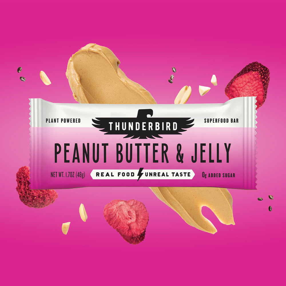Close-up nutrition panel of Thunderbird Real Food Bars Peanut Butter Jelly for quick reference