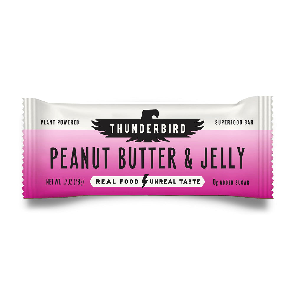 Thunderbird Real Food Bars Peanut Butter Jelly packaging closeup highlighting gluten-free ingredients and protein