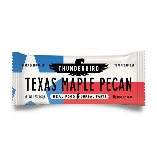Thunderbird Texas Maple Pecan bar packaging highlights gluten-free assurance and clean ingredients.