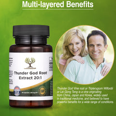 Thunder God Root bottle side showcasing GMP-certified label and USA-made quality