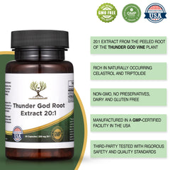 Thunder God Root capsules close-up highlighting 200mg strength per capsule