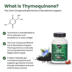 ThymoQuin daily digestive routine setup on wood surface.