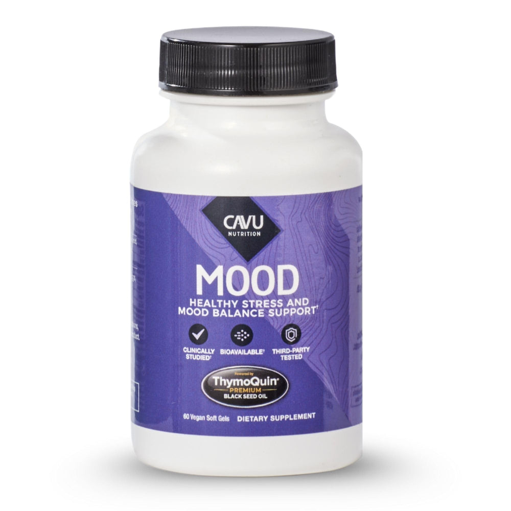 ThymoQuin Mood softgel bottle front for on-the-go mood support.