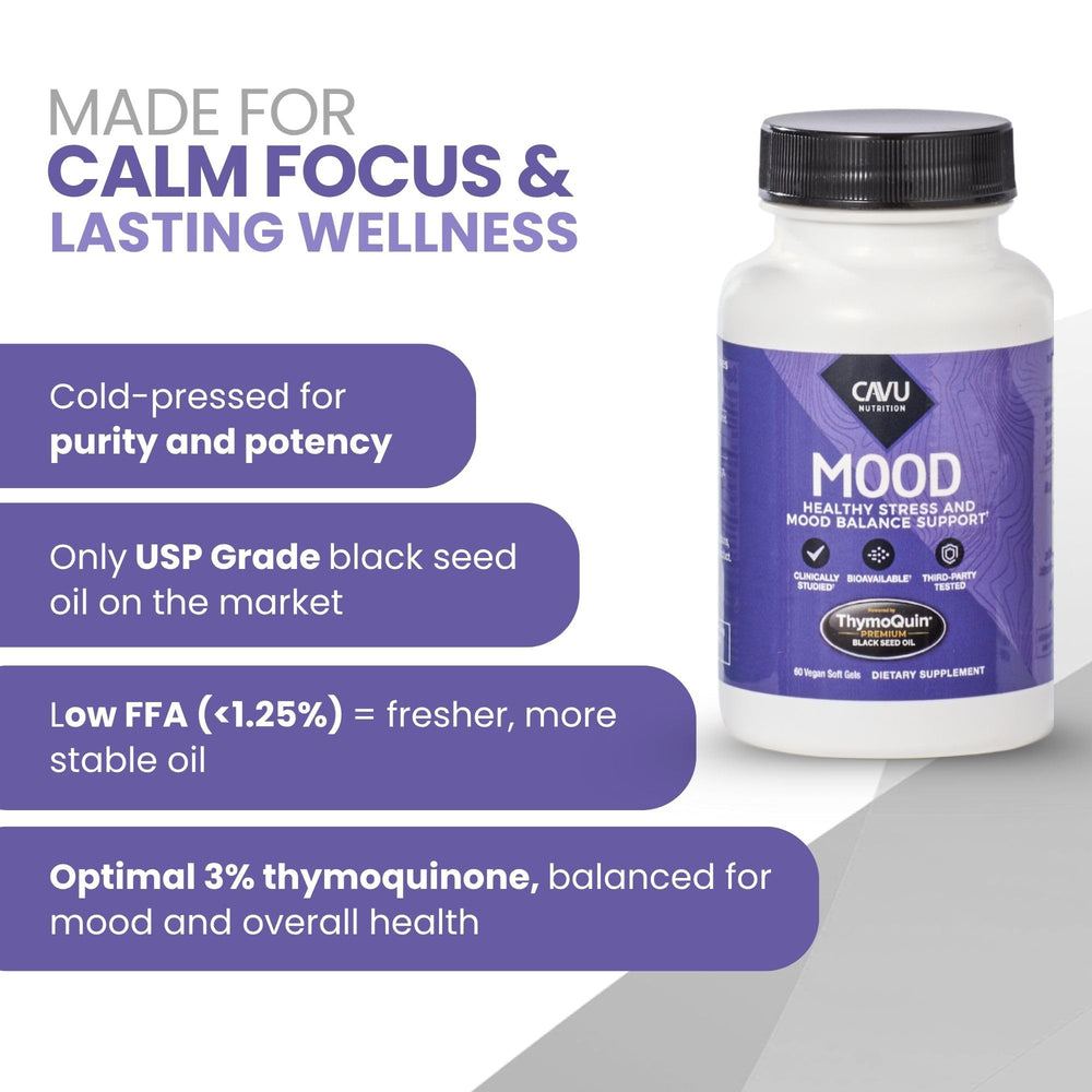 Close-up of ThymoQuin Mood softgel capsule showing smooth texture.