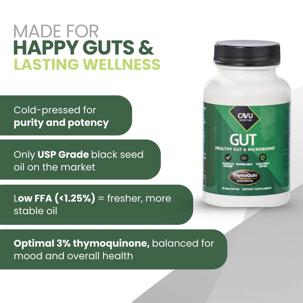 ThymoQuin softgels pour shot indicating easy daily intake.