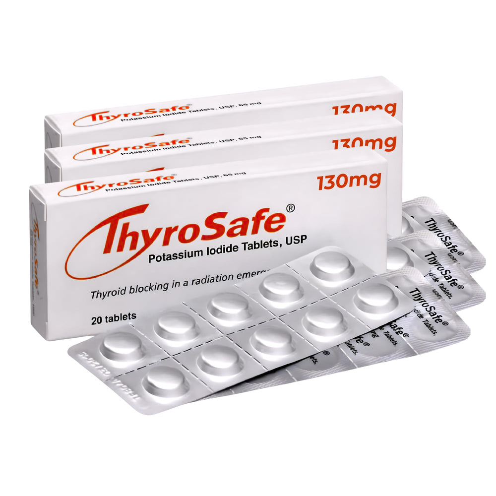 ThyroSafe 130mg tablet bottle showing easy dosing and preparedness.