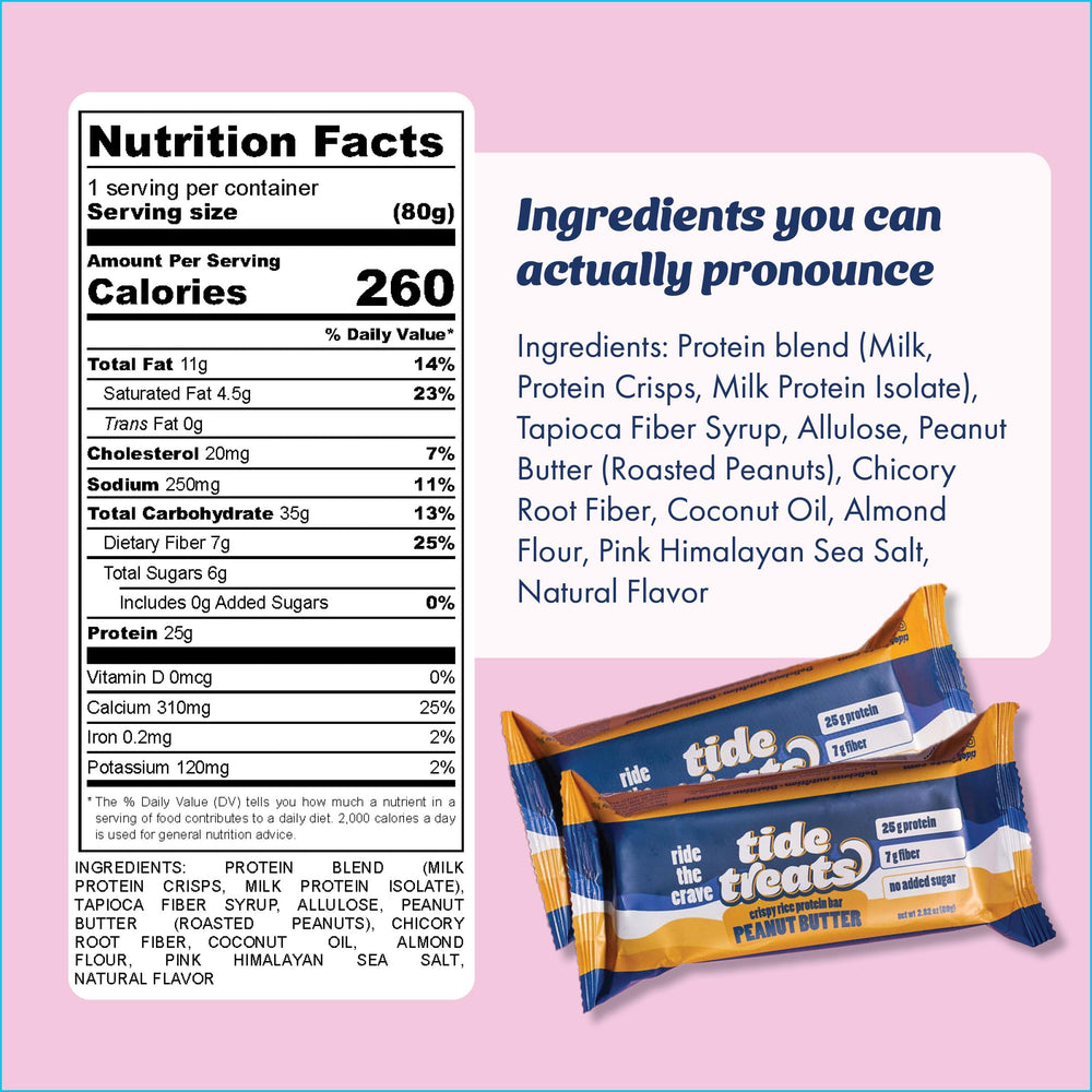 TideTreats Crispy Rice Bar peanut butter close-up emphasizes crunchy texture.