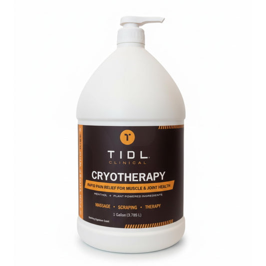 TIDL Cryotherapy Soothing Cream 1-gallon bottle shown for professional use and quick cooling relief