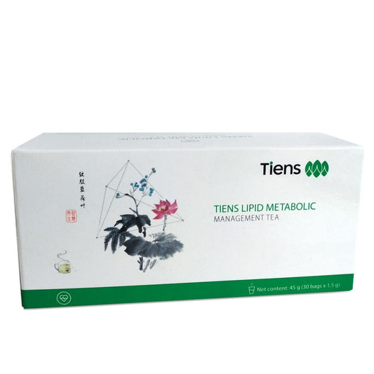 TIENS Lipid Metabolic Management Tea pack front view highlights the herbal blend for daily balance