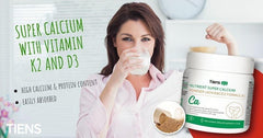 TIENS Nutrient Super Calcium Powder dissolved in water showing smooth mixability.