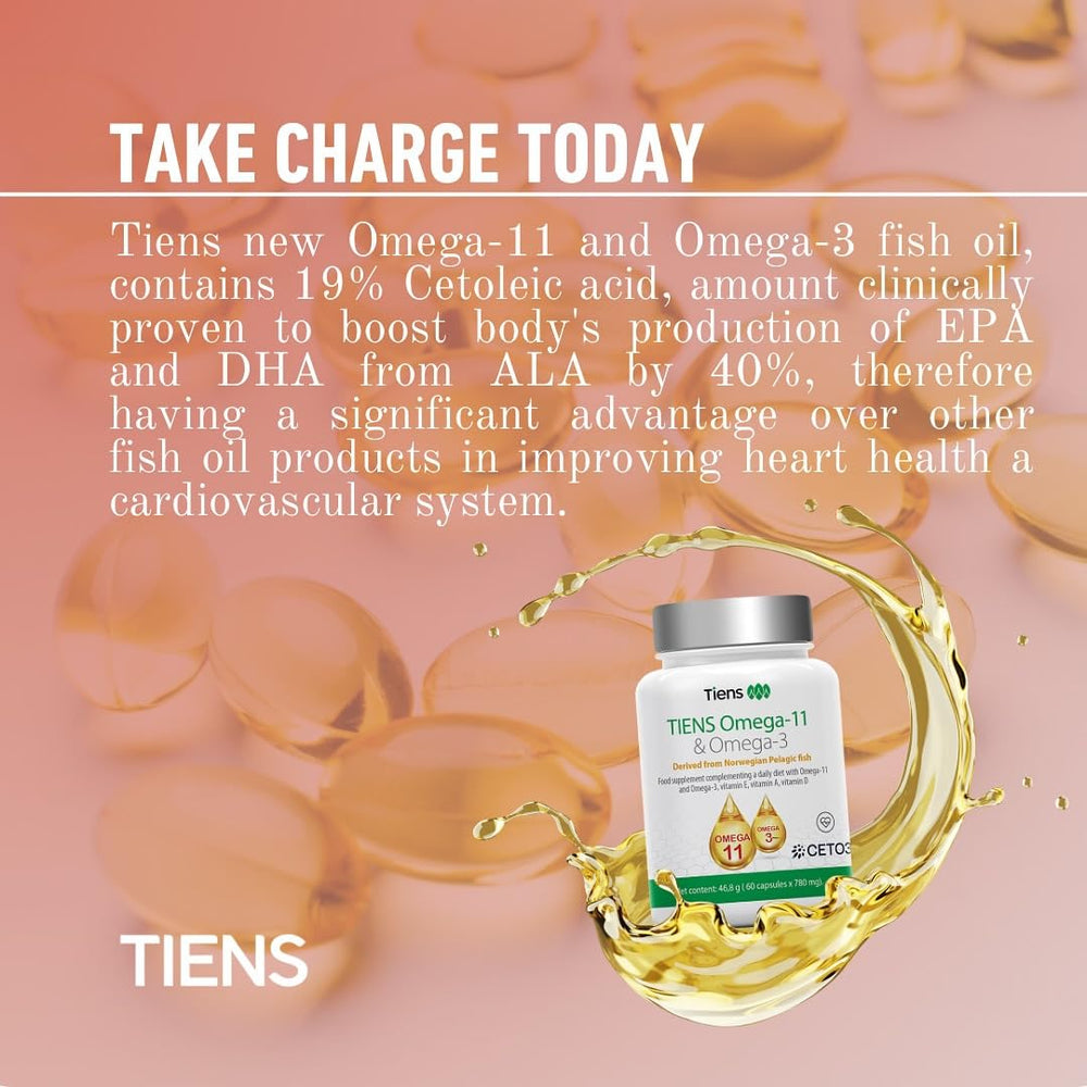 Tiens Omega 3 & 11 softgels with water illustrating simple daily routine.