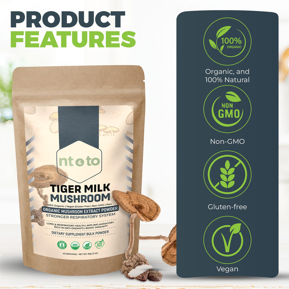 Tiger Milk Mushroom bottle close-up with vegan organic label