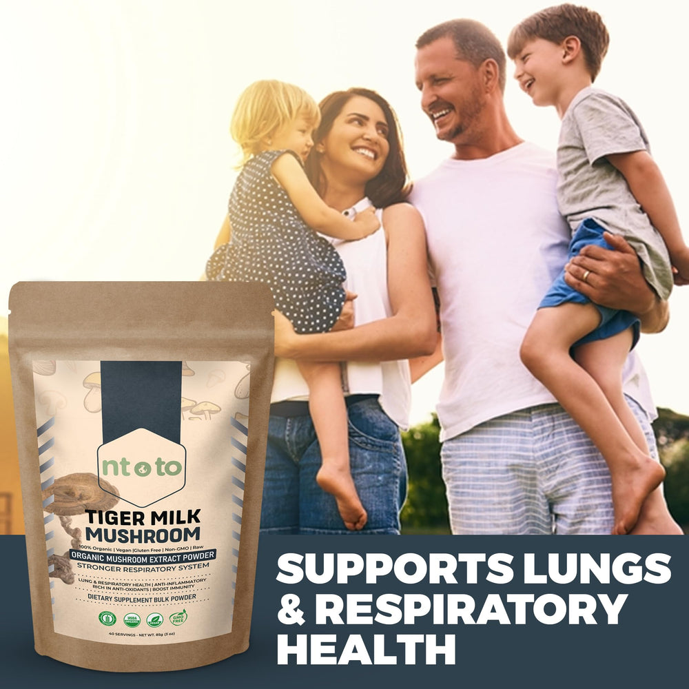 Tiger Milk Mushroom label close-up showing Lignosus rhinocerus extract for respiratory wellness