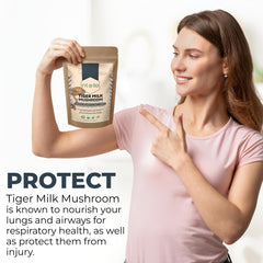 Tiger Milk Mushroom tub packaging displays 40 servings and vegan origin