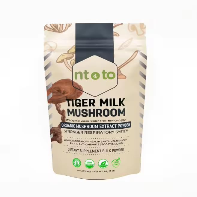 Tiger Milk Mushroom usage guide card suggests daily routine for lung comfort