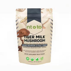 Tiger Milk Mushroom usage guide card suggests daily routine for lung comfort