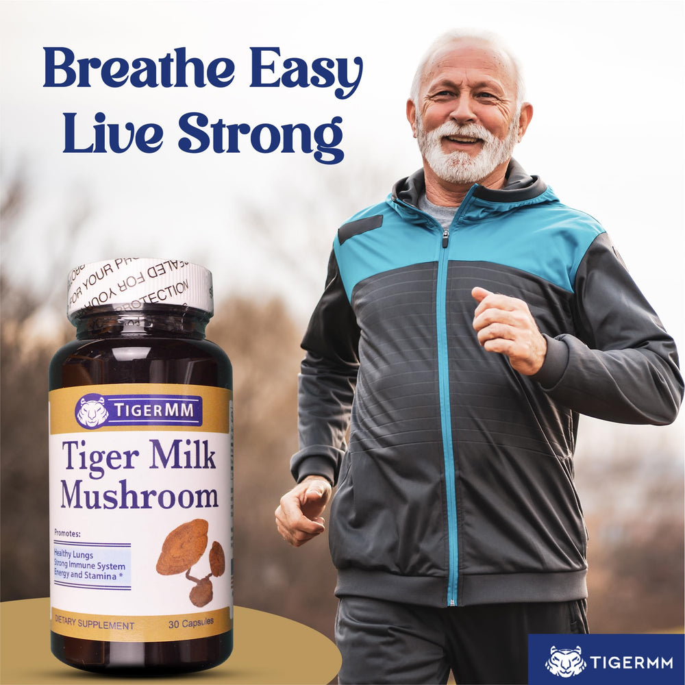 TigerMM label close-up highlights organic Tiger Milk Mushroom ingredients.