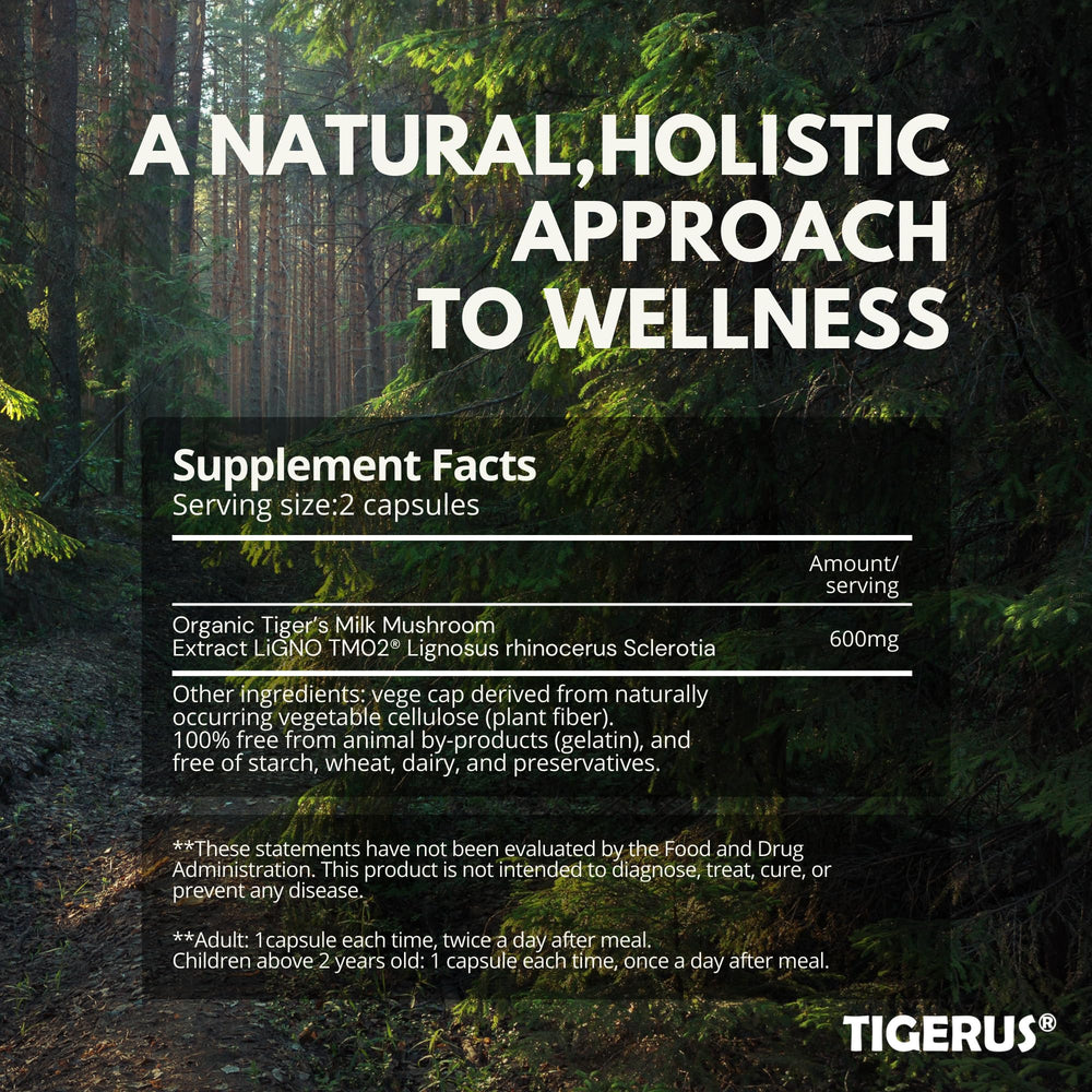 TIGERUS Tiger Milk Mushroom label details organic vegan formula for clean wellness.