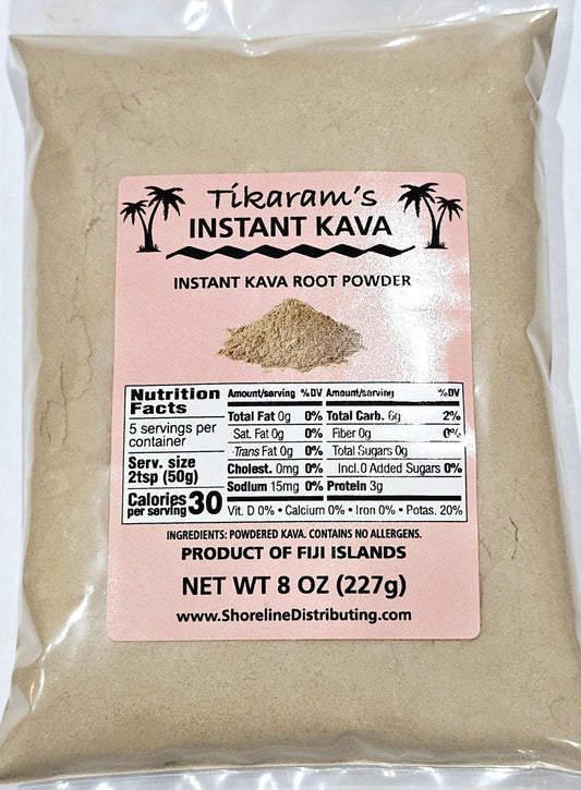 Tikaram's Instant Kava Powder bottle pour demonstrates quick mix for relaxing evenings.