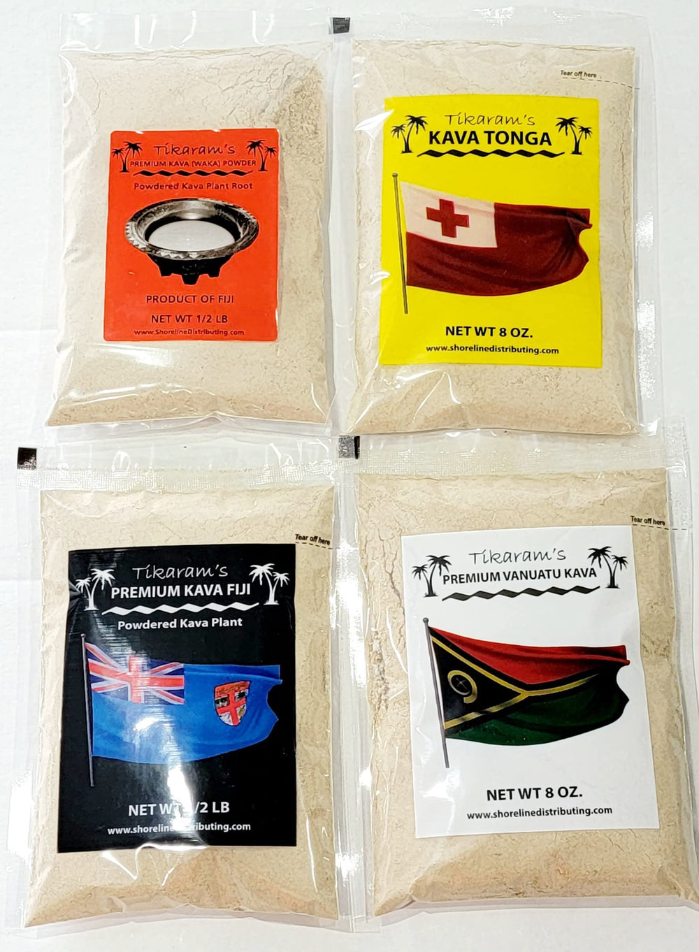 Tikaram's Kava powder packaging on a countertop with soft ambient lighting.