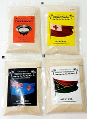 Tikaram's Kava powder packaging on a countertop with soft ambient lighting.
