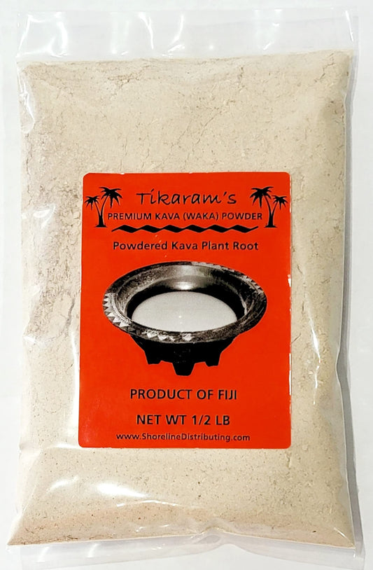 Tikaram's Kava powder tin front view, suggesting premium Fiji Waka quality.