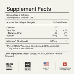 Timeline Mitopure softgels packaging shows USA-made quality and testing.