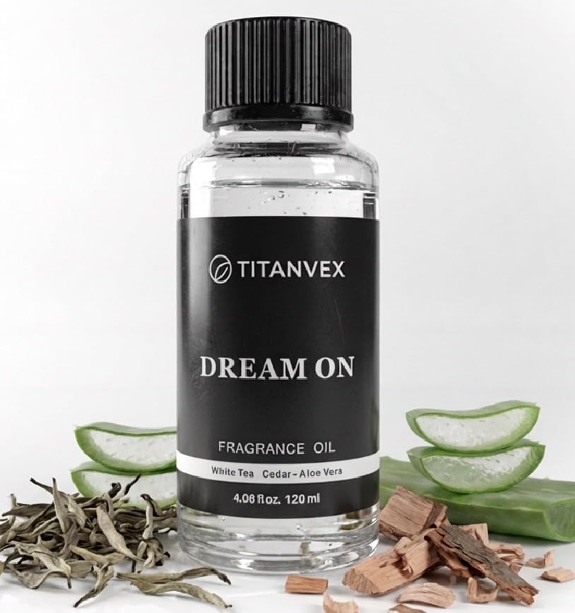 TitanVex Dream On bottle—compact diffuser oil for daily relaxation and hotel-like ambiance.
