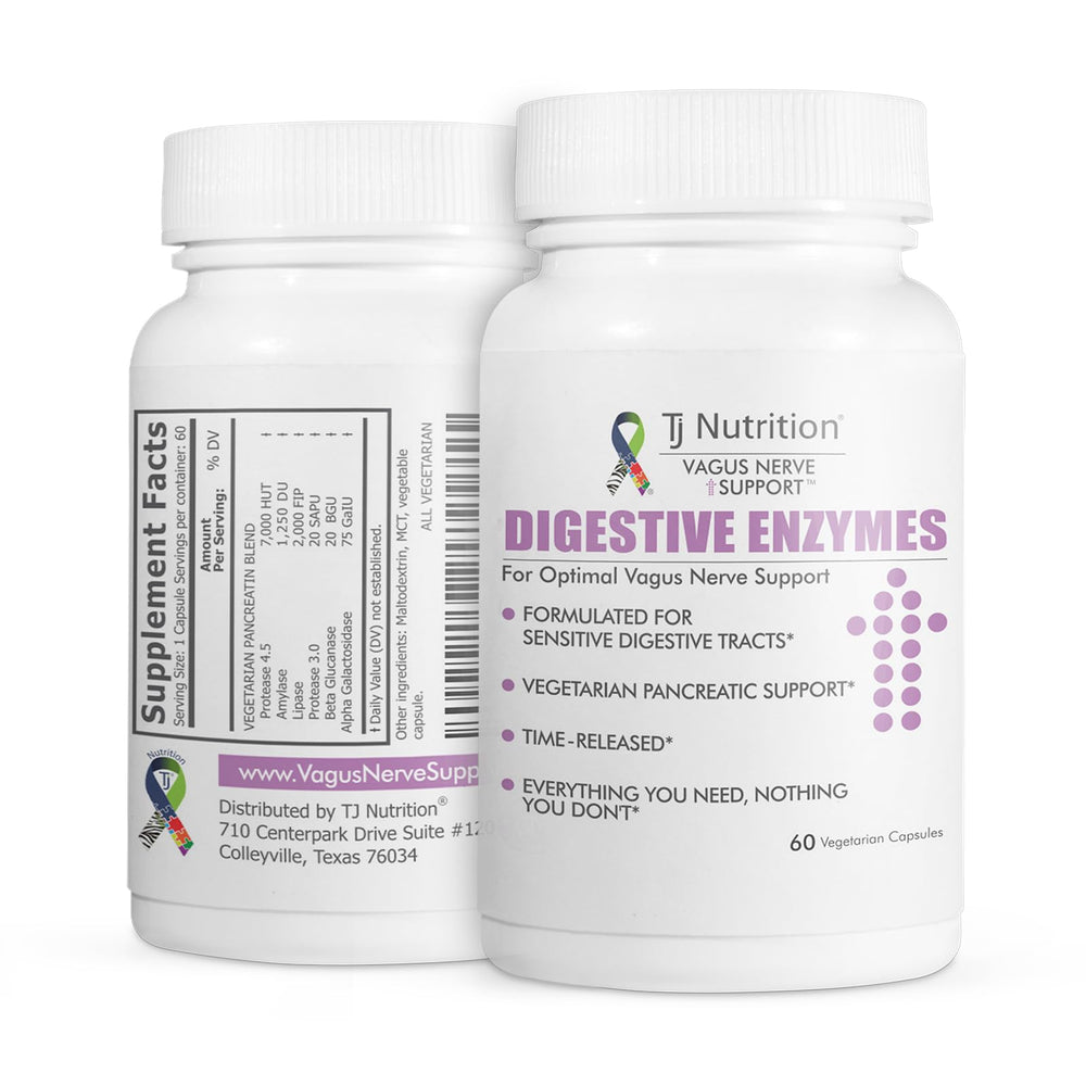 TJ Nutrition Digestive Enzymes capsules support sensitive stomach comfort after rich meals.