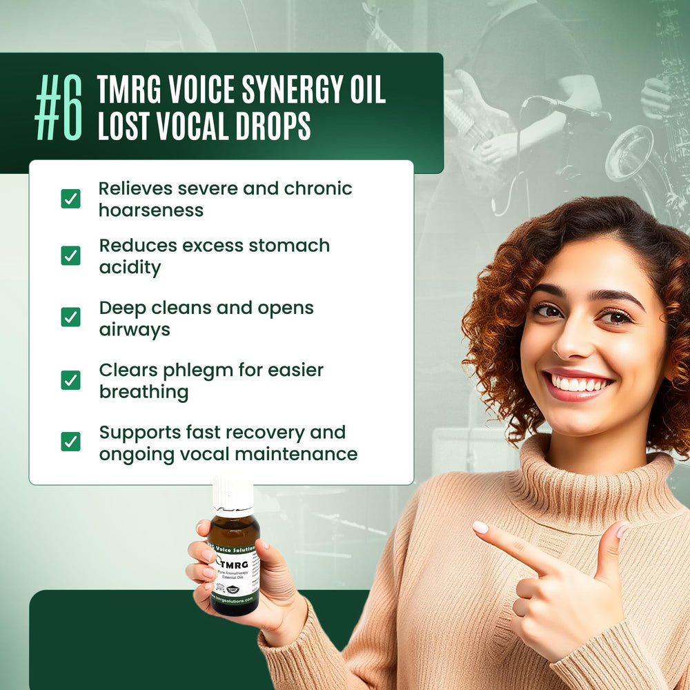 Close-up of TMRG Voice Synergy Oil label showing herbal formula