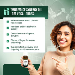Close-up of TMRG Voice Synergy Oil label showing herbal formula