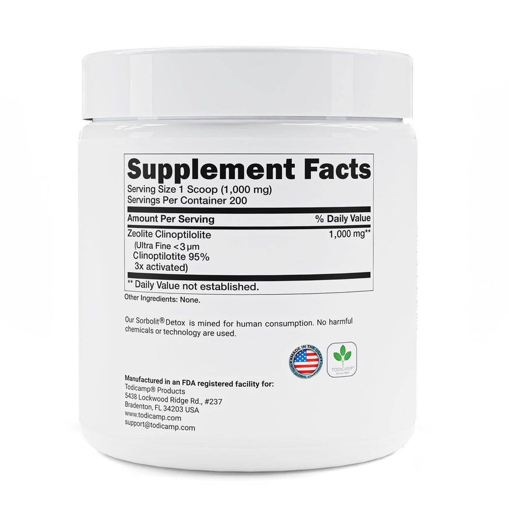 Todicamp Zeolite Detox bottle pour shows easy daily use in a cleanse routine.