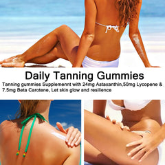 TOGOLIUN tanning gummies bottle with glass suggesting glow-friendly routine