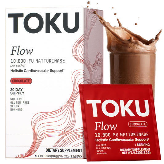 Toku Flow packaging highlights convenient daily use for a plant-based supplement