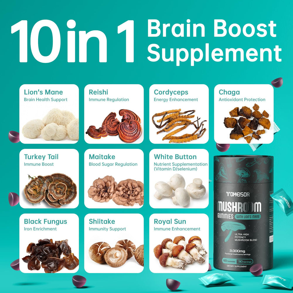 TOMEISOR 10-in-1 gummies packaging highlights daily brain support.