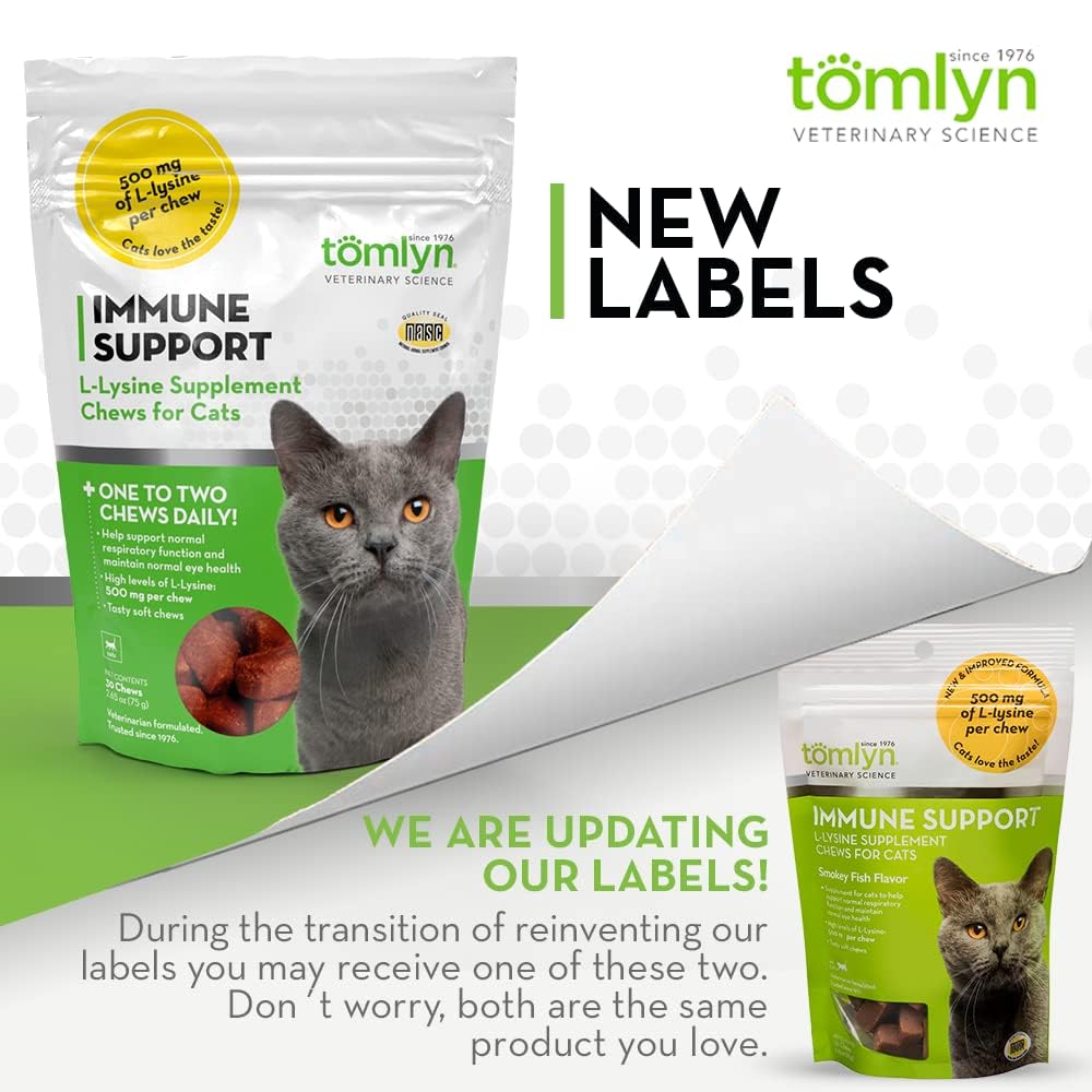 Tomlyn Immune Support Lysine chews close-up label highlighting 1000 mg daily guidance.